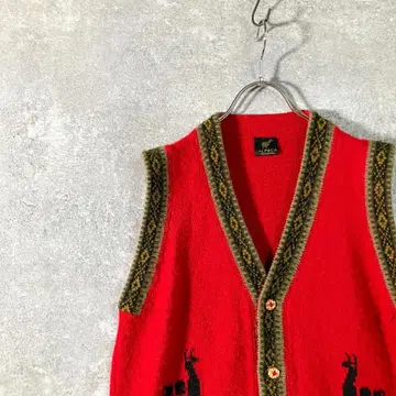 ALPACA 니트 베스트 레드 V넥 올 패턴 스웨터 겉옷 페루제