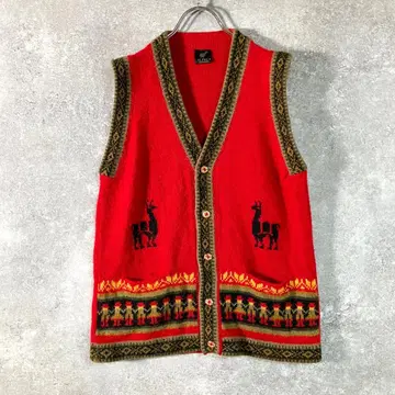 ALPACA 니트 베스트 레드 V넥 올 패턴 스웨터 겉옷 페루제