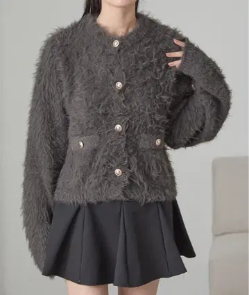 [ Cieluna ] 골드 버튼 샤기 니트 둥근넥 가디건