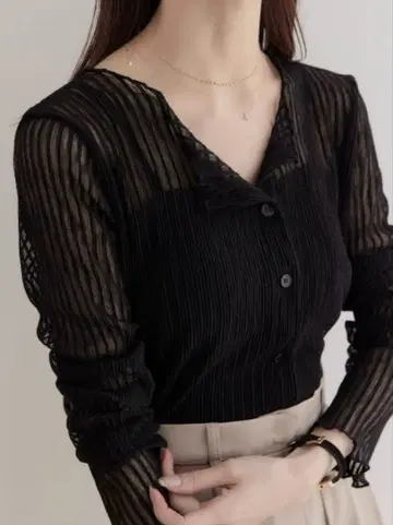 amel [ RE ARRIVAL ] 메로우 리브 시어 가디건 / 블랙