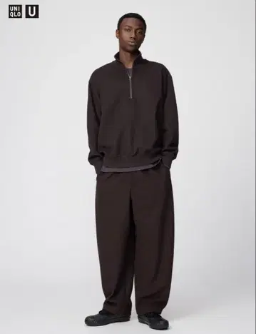 유니클로 다크 브라운 브러쉬드 맨투맨 와이드 팬츠