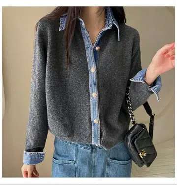 그레이 니트 데님 옷깃 긴팔 상의