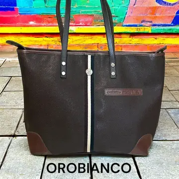 새상품급 오로비안코 가죽 토트백 브라운 x 네이비 PVC 이탈리아제