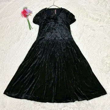 핑크하우스 벨로아 롱 원피스 리본 블랙 퍼프 슬리브 A라인