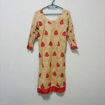 인도 민족 의상 판자비 드레스 쿠르타 베이지색 빨간색 리프 무늬