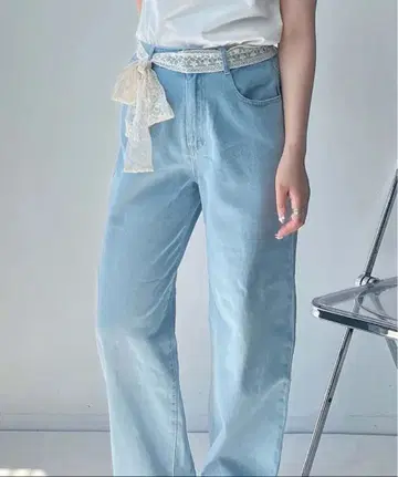 AS KNOW AS PLUS 레이스 벨트 데님 커브 팬츠