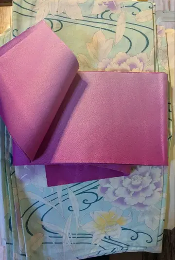 꽃무늬 유카타 오비 세트 (스카이블루 핑크)