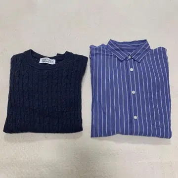 네이비 케이블 니트 스웨터 + 셔츠