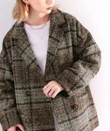 부클레 기모 체크 무늬 오버 사이즈 더블 자켓 코트