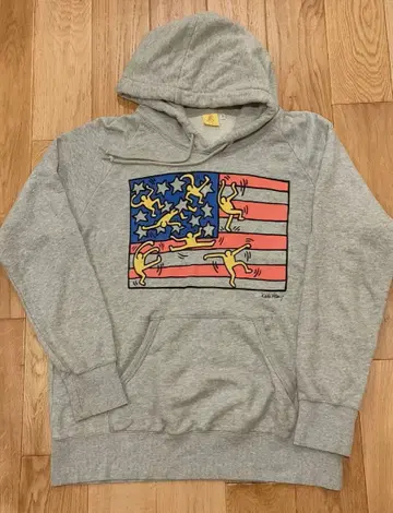 유니클로 콜라보 Keith Haring 미국 국기 후드티 XL 그레이