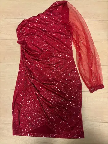 SHEIN 레드 미니 원피스 S/M 한쪽 소매 시스루