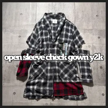 오픈 슬리브 플래드 셔츠 가운 코트 y2k