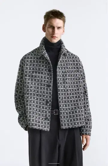 ZARA 텍스처 체크 셔츠 자켓 트위드 패턴