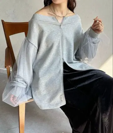 Thevon. 소매 튤 W지퍼 쭈리 풀오버 그레이