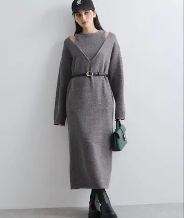 VIS 앙상블풍 V넥 니트 원피스