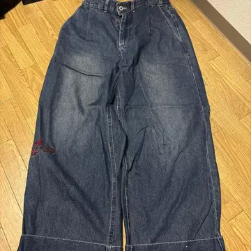 레프트 얼론 다크 블루 와이드 팬츠 자수 디자인 벨트 포함