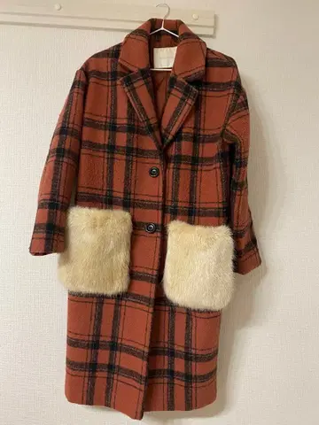 CECIL McBEE 체크 코트 퍼 포켓 부착 오렌지