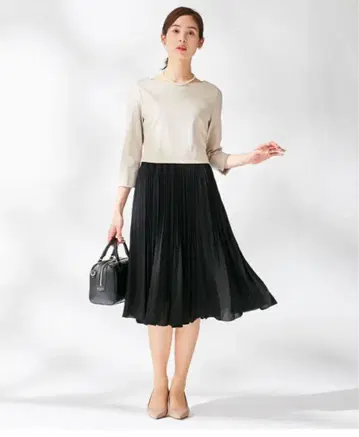 쿠미쿄쿠 저지 콤비 플리츠 원피스 칠부 무릎 아래