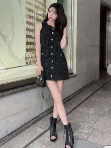 Cheri me 트위드 블랙 슬리브리스 원피스