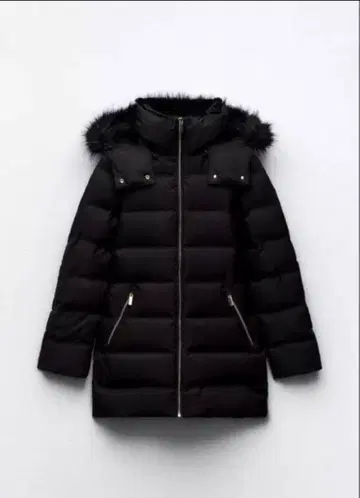 ZARA 퍼 후드 블랙 세미롱 다운 자켓