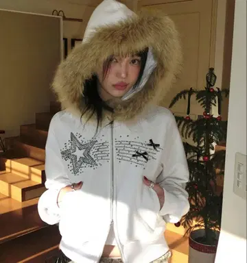 한국 퍼 후드티 별 큐빅 y2k 시즈니룩 갸루