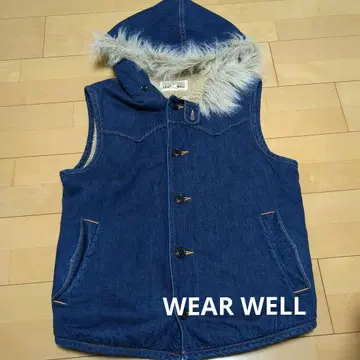 WEAR WELL 데님 블루 퍼 포함 후드 다운 베스트 사이즈 2