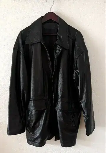 블랙 가죽 코트 오버 사이즈