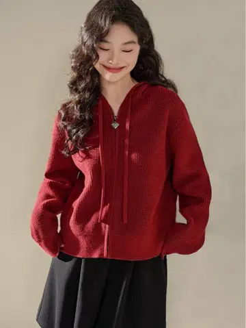 KUOSE 집업 후드티 빨간색 와플 원단 후드 부착 후드티