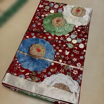 육통 후쿠로 오비 순수 실크 짙은 빨간색