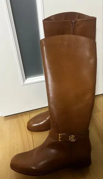 새상품 천연 가죽 RL 로고 금장 장식 브라운 롱 부츠