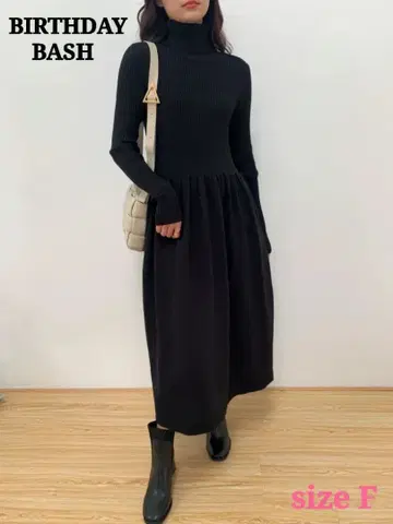 BIRTHDAY BASH 하이넥 벌룬 니트 원피스 블랙 F