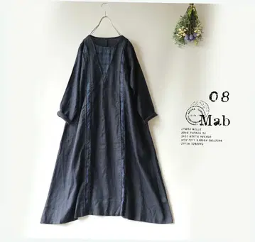 새상품 할인 08Mab 네이비 x 체크*배색 파커링 원피스 린넨 1055