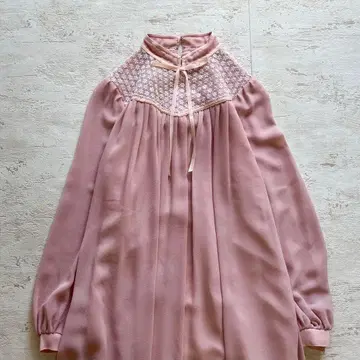 쇼와 레트로 핑크 쉬폰 원피스 레이스 절개 x 리본 옷깃 빈티지 드레스