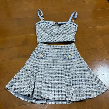 체크 무늬 크롭 탑 스커트 세트