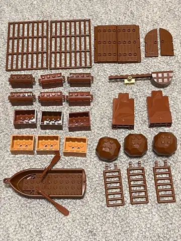 레고 브라운 문 울타리 보물 상자 바위 상자 사다리 배