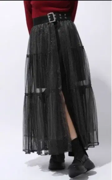 HARE 레이스 튤 벨트 스커트 블랙 x 라메