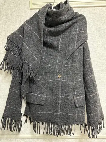 그레이 체크 무늬 판초 케이프 코트