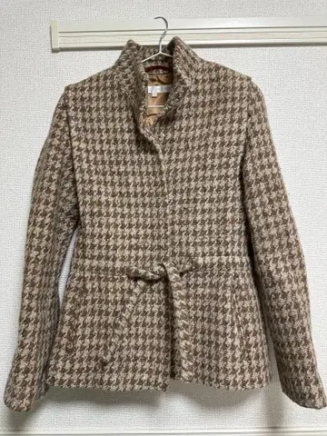 하운드투스 패턴 울 코트 허리 리본 포함