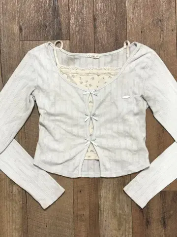 올리브 데 올리브/인기 리본 상의/스카이블루/긴팔/꽃무늬/귀여운/세련된