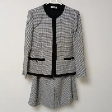 화이트 블랙 체크 스커트 수트 노카라