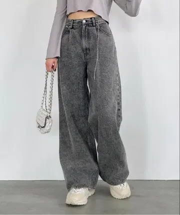 하이웨스트 데님 와이드 팬츠 그레이
