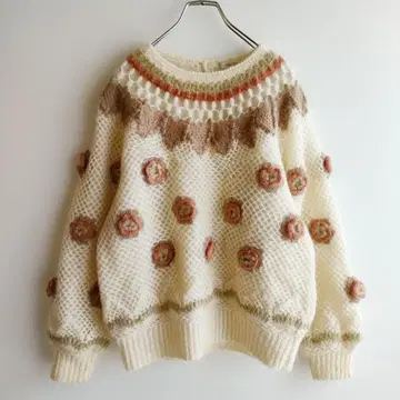 꽃 니트 화이트 니트 스웨터 빈티지 빈티지 풀오버 큼직한