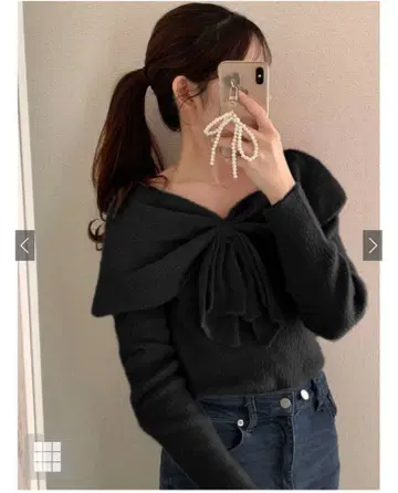 초레어 택 포함 새상품 케이프풍 리본 라메 페더 니트 블랙