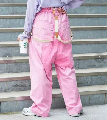 에신타 etsinta 패치워크 핑크 서스펜더 와이드 팬츠