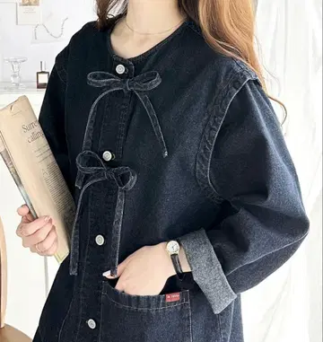 JaVa 도킹풍 리본 데님 자켓 인디고 블루 M 사이즈