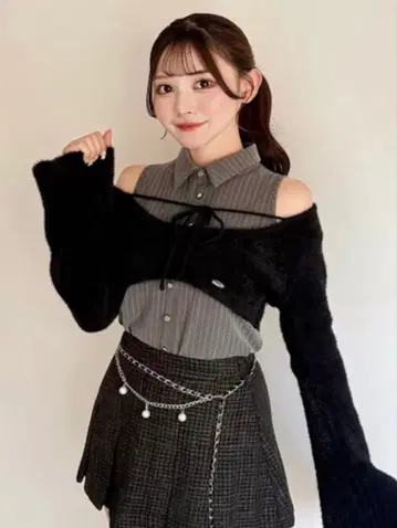 nomae 셔츠 레이어드 샤기 니트 그레이 블랙 완판템