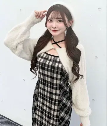 NOMAE 샤기 볼레로 롱 체크 원피스