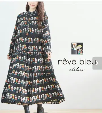 레브 블루 팝 인형 패턴 롱 원피스 피규어 패턴 컬러풀