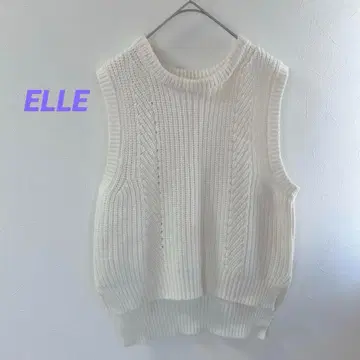 엘르 화이트 니트 베스트 슬리브리스 케이블 짜임 레이어드 무지