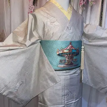 화이트 오시마 명주 이중 기모노 단품 비녀 패턴
